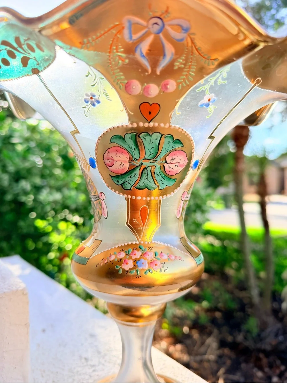 Bohemian Czech Vtg. Satin Glass Pedestal Vase Hand Painted Gold Gilt Ruffled Rim